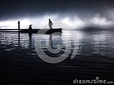Asia. Sunset, twilight moonlight, clouds - Boat with asian people - Ocean, river landscape - Hanzhong, Shaanxi, China Stock Photo
