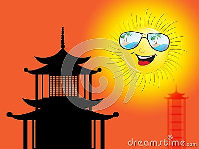 Sunset In Asian At Pagoda 3d Illustration Stock Photo