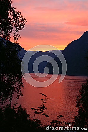 Sunset at the Aurlandsfjord, Norway Stock Photo