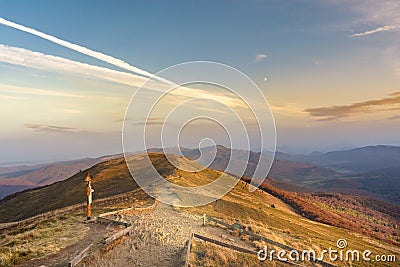 Sunset in the autumn in the mountains. Panorama Bieszczady National Park Stock Photo