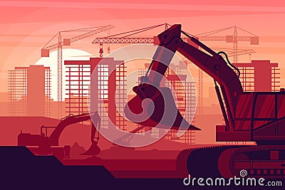 Sunset background with heavy machinery and city under construction with excavator, wheel excavator, concrete truck and telescopic Vector Illustration