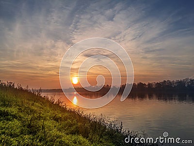 Sunset on the banks of the Sava River in Bosanski Brod, Bosnia and Herzegovina Stock Photo