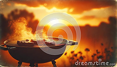 Sunset Barbecue Grill with Sizzling Steaks Outdoors, AI Generated Stock Photo