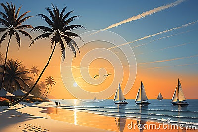 Sunset Bathing a Tranquil Beach in the Soft Glow of Summer, Shadows Lengthening on the Golden Sand Stock Photo