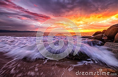 Sunset Beach Beautiful Ocean Nature Dramatic Surreal Sunrise Landscape Colors Stock Photo