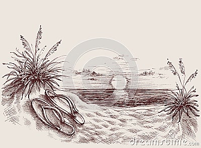 Sunset on the beach drawing Vector Illustration