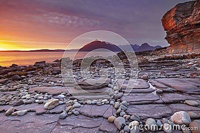 Sunset at the beach of Elgol, Isle of Skye, Scotland Stock Photo