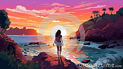 Sunset on the beach a happy Latin girl backpacker travelling around the world, AI-generated Stock Photo