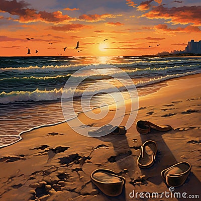 Sunset Beach with Intricate Shoe Imprints Stock Photo