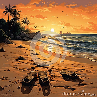 Sunset Beach with Intricate Shoe Imprints Stock Photo