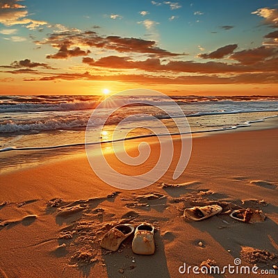 Sunset Beach with Intricate Shoe Imprints Stock Photo