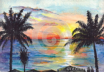 Sunset on the beach. The nature of the tropics - the silhouettes of palms. Rest and sea voyage Stock Photo