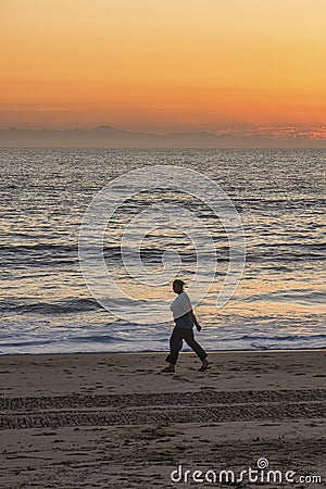 Sunset on beach of oxnard and walking dog Editorial Stock Photo