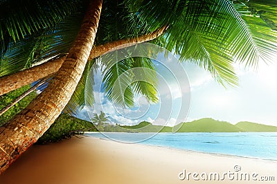 Sunset on beach, seychelles Stock Photo