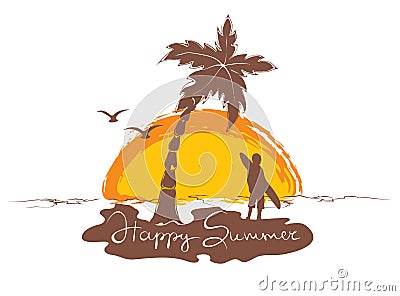 Sunset on the beach, surfing Vector Illustration