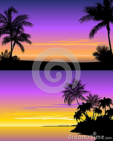 Sunset on beach Vector Illustration