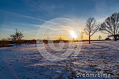 Sunset with beautiful skyline over lake Zorinsky Omaha Nebraska Stock Photo