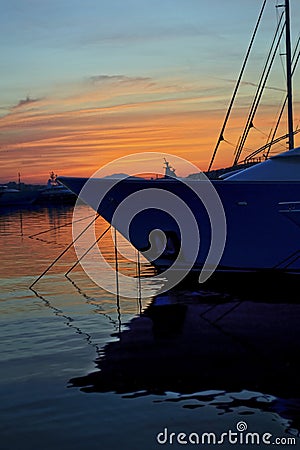 Sunset behind the boats at Alimos marine Attica Greece Stock Photo