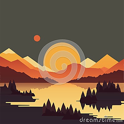 Sunset behind mountain range Cartoon Illustration