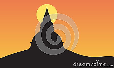 Sunset and Big Pagoda on Mountain Vector Illustration