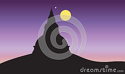 Sunset and Big Pagoda on Mountain Vector Illustration