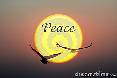 Sunset and Birds with peace text Stock Photo