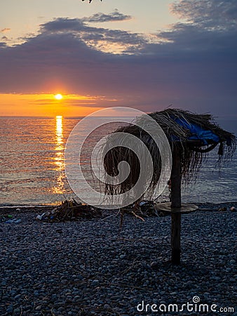 Sunset on the black sea. Play of colors at sunset. Twilight on the water. A nice place Stock Photo