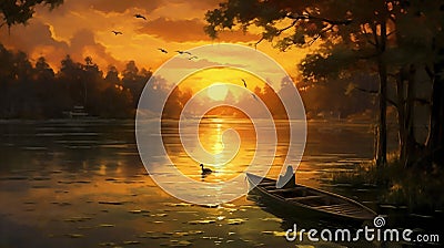 Sunset Boat Ride on a Serene Lake Stock Photo
