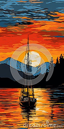 Sunset Boat On Water: Richly Detailed Art Nouveau Inspired Image Cartoon Illustration