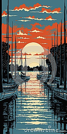 Sunset Boats At Annapolis Harbor In Woodcut-inspired Style Stock Photo