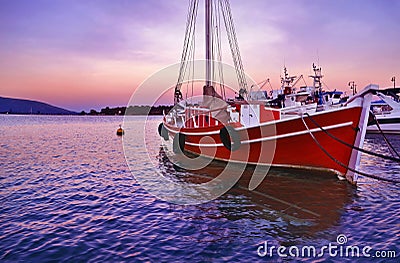 Sunset boats at Eretria Euboea Greece Stock Photo