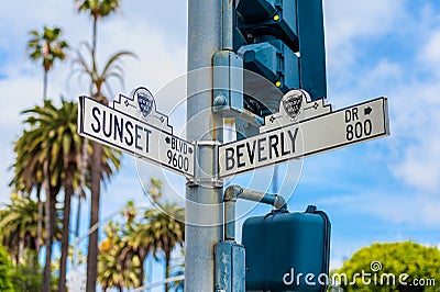 Sunset Boulevard and Beverly Drive Street Signs in Beverly Hills California Editorial Stock Photo