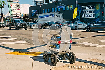 Sunset Boulevard Robotic delivery. The Server robot drives itself down the sidewalk as it makes a food delivery, Hollywood, Editorial Stock Photo