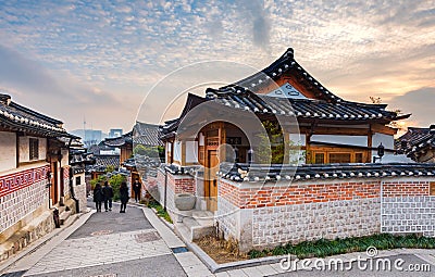Sunset of Bukchon Hanok Village in Seoul, South Korea Editorial Stock Photo