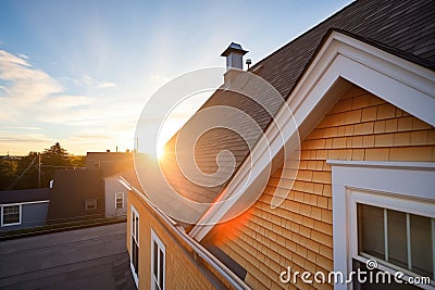 sunset casting shadows on a shingle gambrel roof Stock Photo