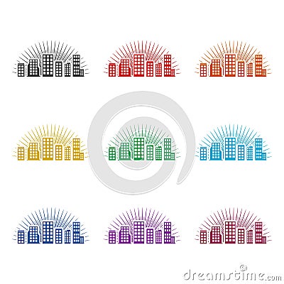 Sunset city home icon, color set Vector Illustration