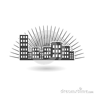 Sunset city home icon with shadow Vector Illustration