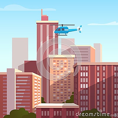 Sunset city landscape with flying helicopter Vector Illustration