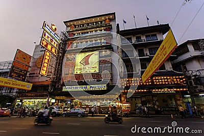 Sunset and city lights in Chinatown, Bangkok Editorial Stock Photo