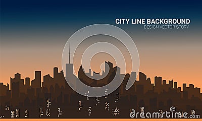 Sunset city silhouette background. Skyline wallpaper with skyscrapers in sunset or sunrise Vector Illustration