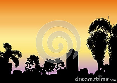 Sunset city view silhouette background Vector Illustration