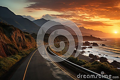 Sunset coastal highway scenic route through mountains and sea, sunrise and sunset wallpaper Stock Photo