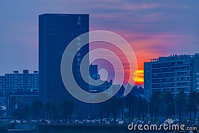 Sunset Coastal Urban Scene, Montevideo, Uruguay Editorial Stock Photo