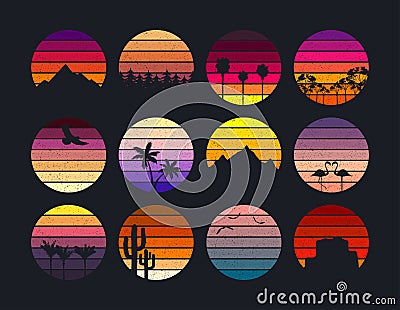 Sunset collection with grunge in retro style for print. Vintage sunsets in different colors with mountains and palm trees, forest Vector Illustration