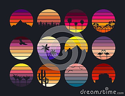 Sunset collection in retro style for banner or print. Vintage sunsets in different colors with mountains and palm trees, forest Vector Illustration
