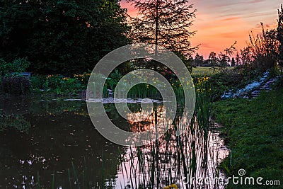 Sunset color reflection in the pond`s friable water Stock Photo