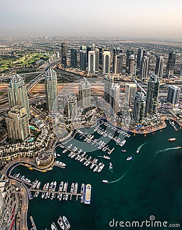 Sunset colors over Dubai Marina district. Stock Photo