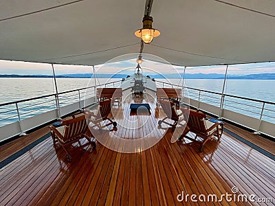 Sunset cruise of historic steamer on Lake of Constance, Vorarlberg, Austria. Stock Photo