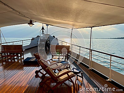 Sunset cruise of historic steamer on Lake of Constance, Vorarlberg, Austria. Stock Photo