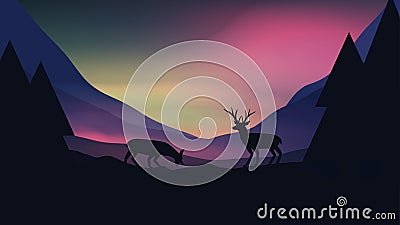 Sunset or Dawn Over Mountains with Stag on Hill Top Landscape - Vector Illustration